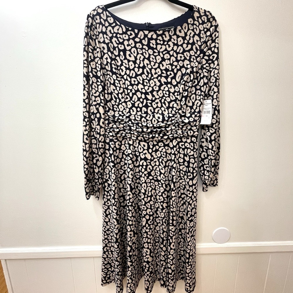 Jessica Howard Women's Black Lined Leopard-Print Ruched Midi Dress Size 10 NEW - Picture 3 of 10
